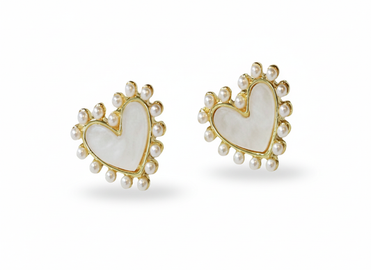 White Heart Earrings with Pearls in Gold Plated 18k