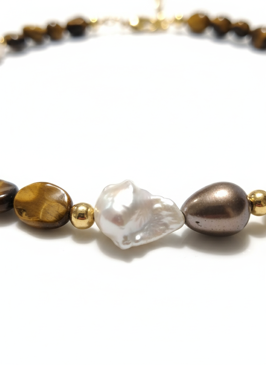 Tiger Eye & Mother of Pearl Necklace – Gold plated details.