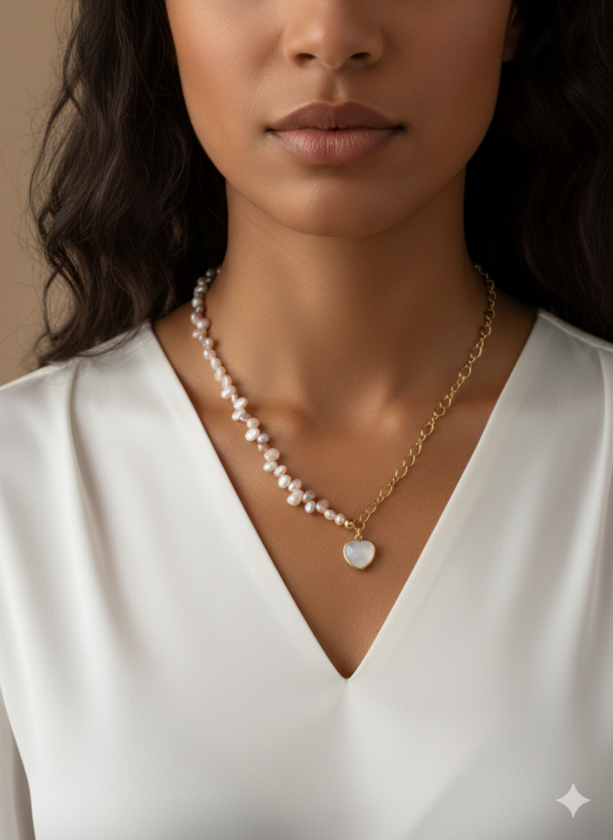 Irregular Pink & White Freshwater Pearl Necklace with Half Chain Heart Pendant-Gold plated 18k