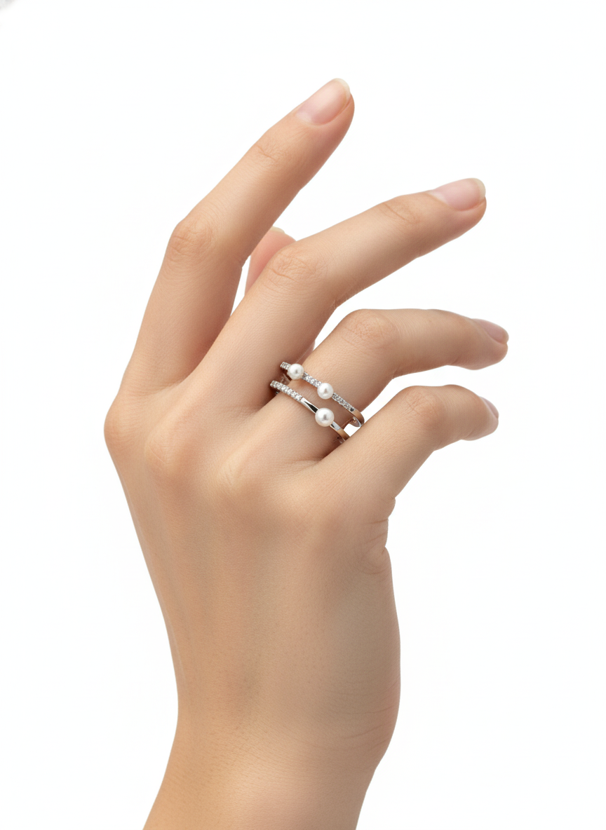 Square Pearl and Zirconia Ring – Sterling Silver 925