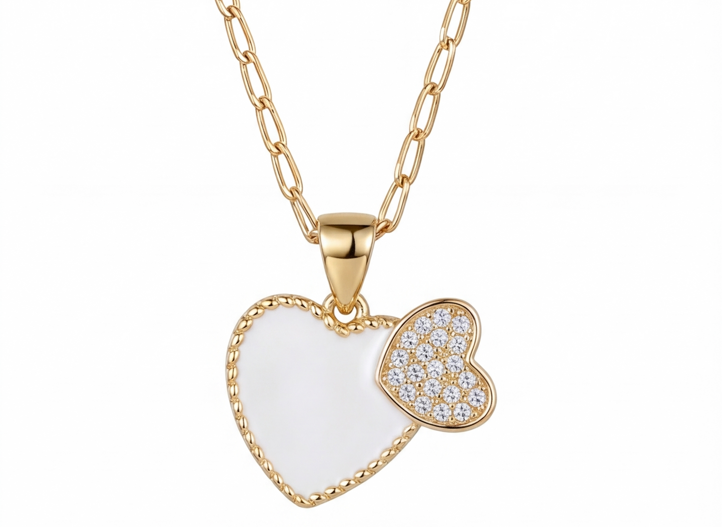 Necklace Double Heart Mother pearl and Zircons gold plated 18k