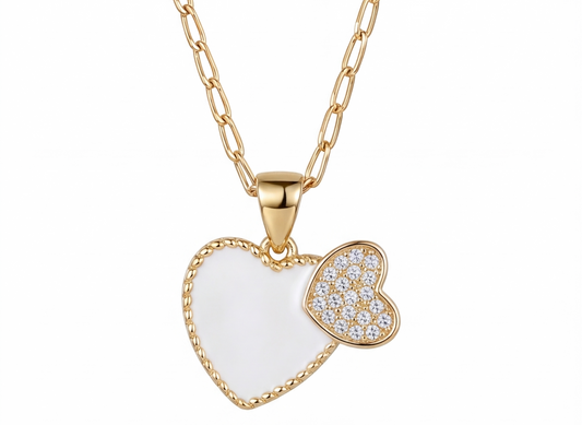 Necklace Double Heart Mother pearl and Zircons gold plated 18k