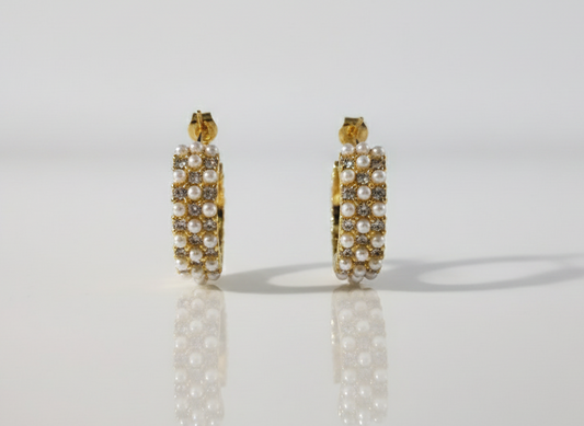 Hoops  Earrings Mini Pearls & mini Zircons   - 18K Gold Plated-