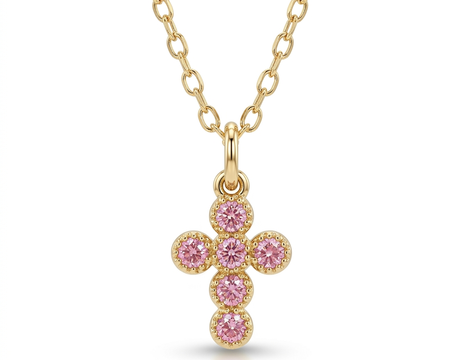 Pink Zirconia Cross Necklace- Gold plated 18k