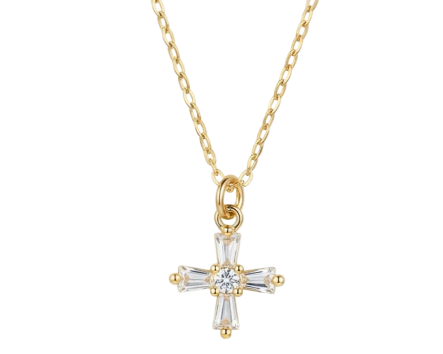 White Zirconia Cross Pendant Necklace – 18K Gold Plated