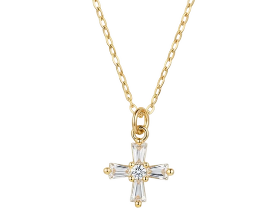 White Zirconia Cross Pendant Necklace – 18K Gold Plated