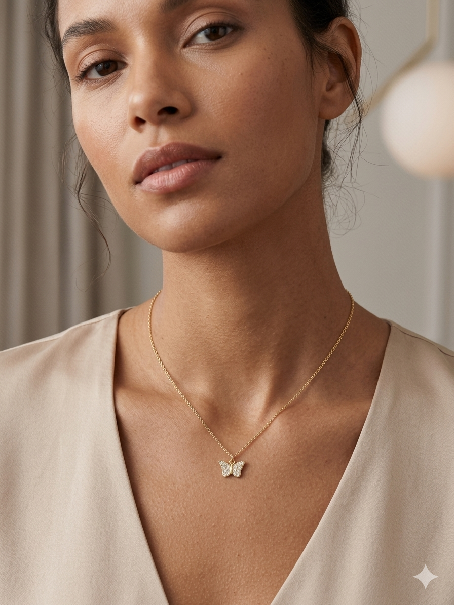 Mini Butterfly Pendant Necklace with Zircons-Gold Plated 18k