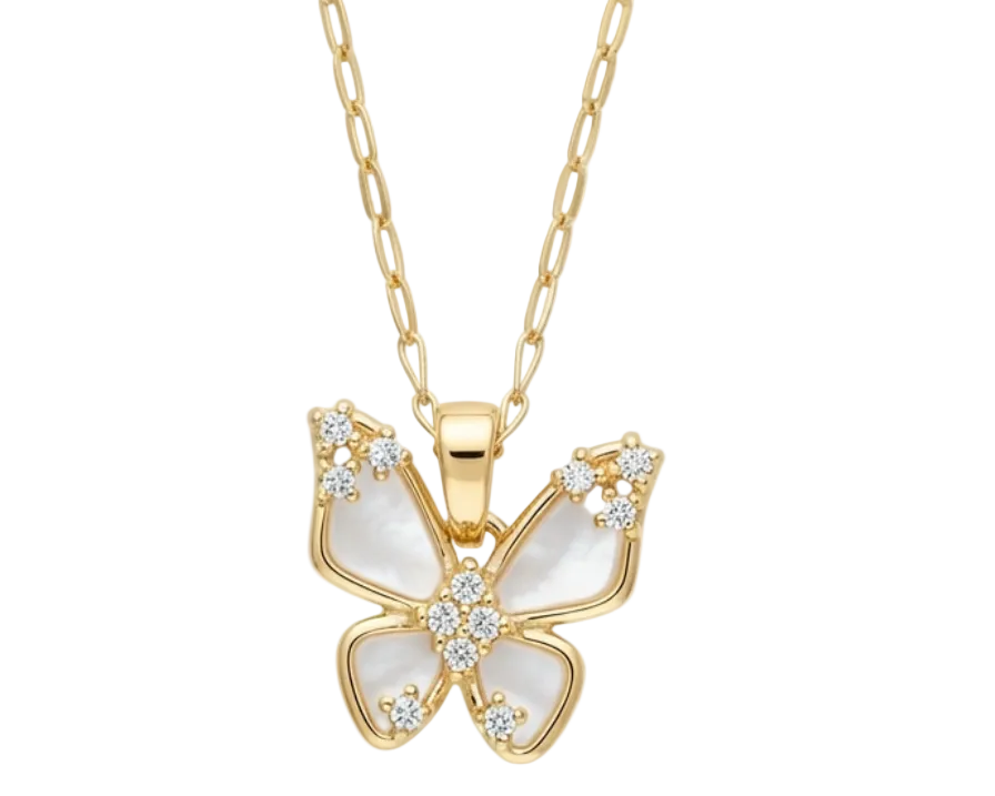 Butterfly Mother of Pearl & Zirconia Pendant Necklace – 18K Gold Plated