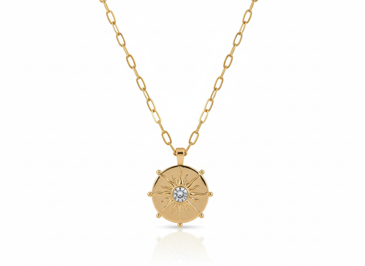 Gold Plated 18k Round Sun Pendant Necklace with Zircon