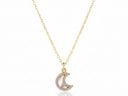 White Moon Shell  withh zirconia Necklace – 18K Gold Plated