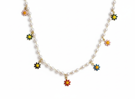 Pearl & Colorful Flower Drop Necklace – 18K Gold Plated
