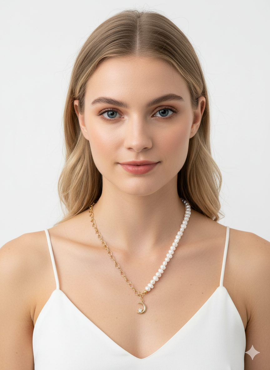 Half Chain & Freshwater Pearl Necklace with Noon Pendant-Gold plated 18k