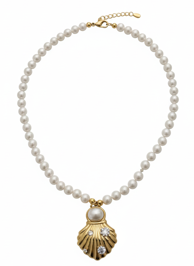 Freshwater Pearl Necklace with Seashell Pendant