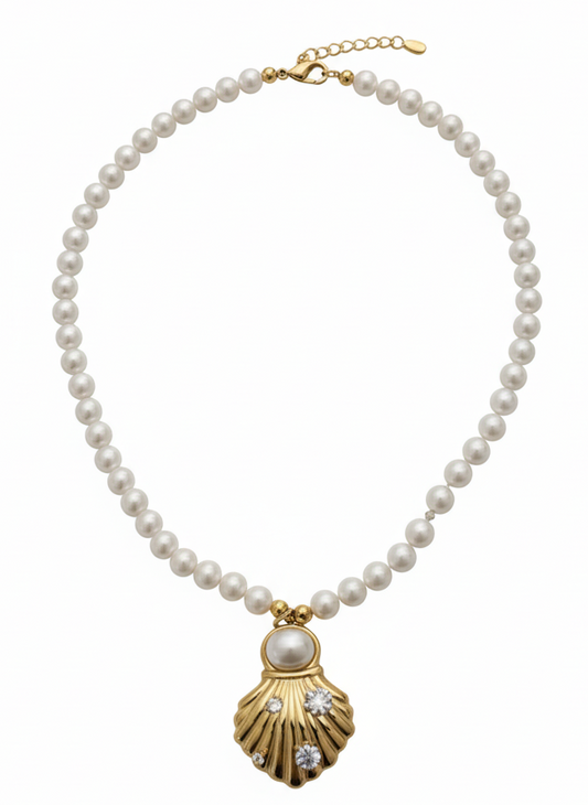 Freshwater Pearl Necklace with Seashell Pendant