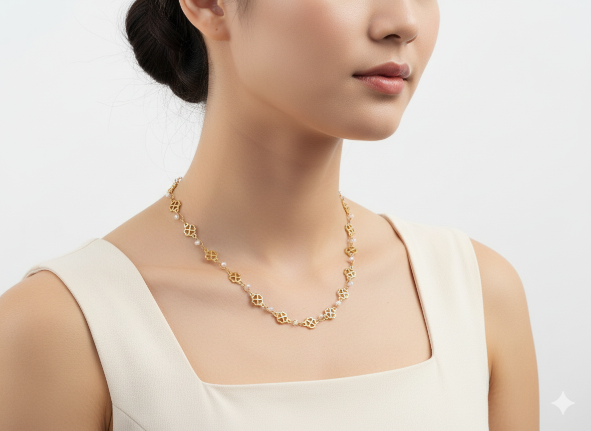 Clover Necklace with Pearls 18k Gold Plated