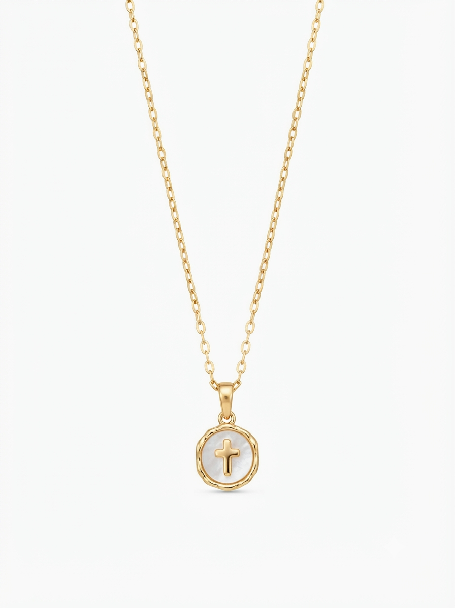 Mother of Pearl Circle Cross Necklace-18K Gold-Plated