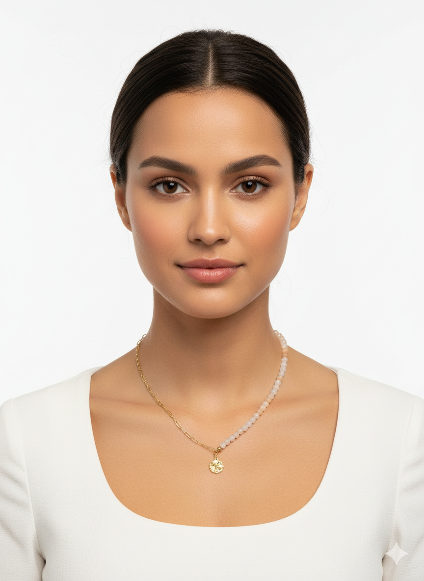 Pink Agate & Chain Necklace with Dragonfly Pendant – 18K Gold Plated