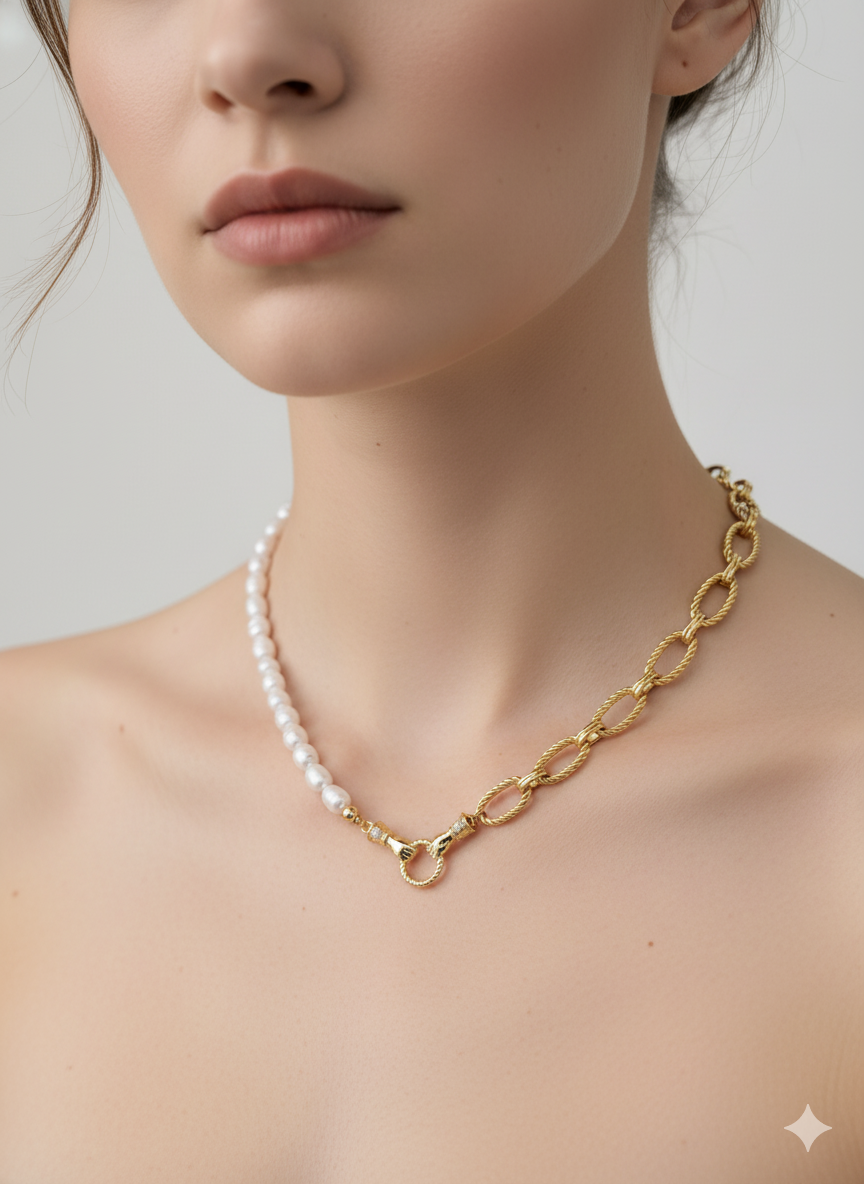 Hands & Fresh water pearl Chain Necklace  -18K Gold Plated