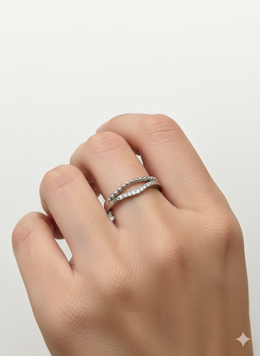 Ring  two lines with Zircons Sterling Silver 925