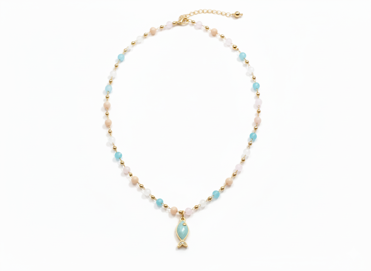 Crystal Soft Color Necklace with Blue Fish Pendant and Zirconia