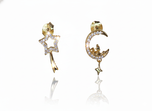 Moon & Star Earrings with Zirconia & Pearl - Sterling Silver 925