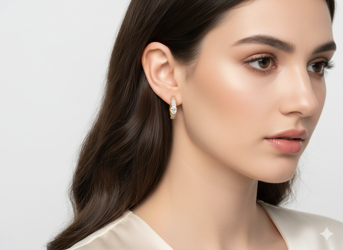 18k Gold Plated Half Circle Earrings with White Zirconia