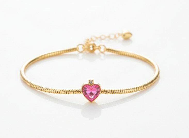 Pink Heart Charm Bracelet- Gold plated 18k