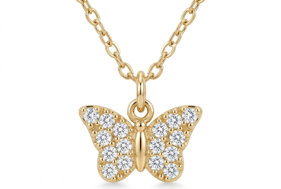 Mini Butterfly Pendant Necklace with Zircons-Gold Plated 18k