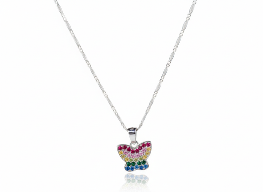 Butterfly Necklace with Colored Zirconia in Sterling Silver 925