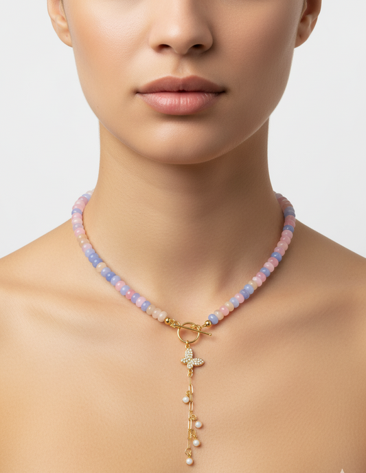 Natural Stone Butterfly Pendant Necklace – 18K Gold Plated