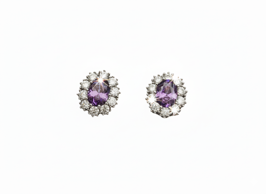 Oval Magenta Zirconia Earrings with White Zircons - Sterling Silver 925
