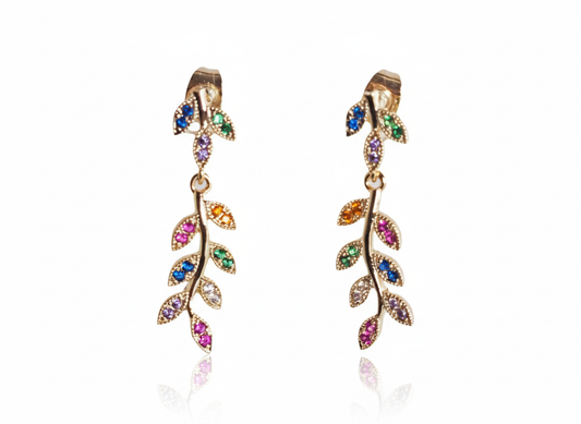 18k Gold Plated Branch Earrings with Colorful Zirconia Leaves