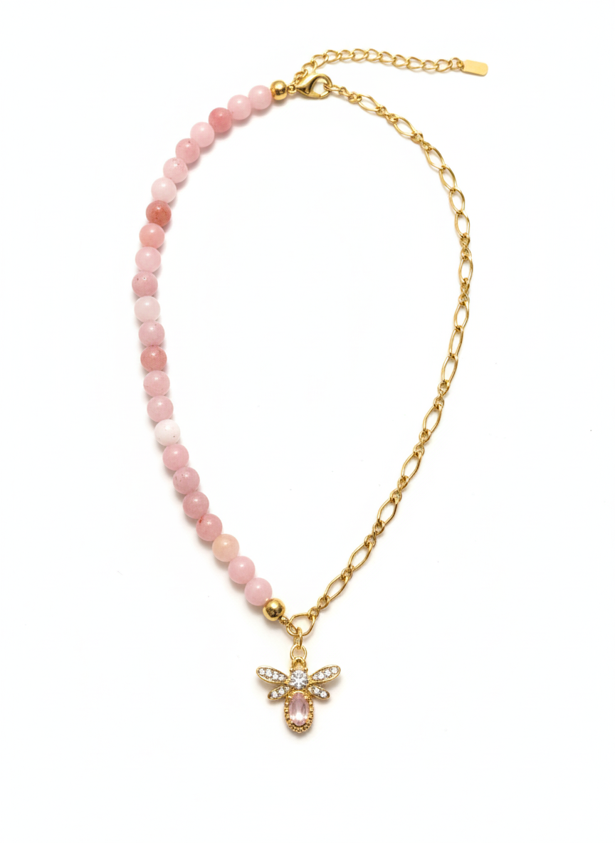 Half Pink Agate & Half Gold Chain Necklace with Pink Bee Pendant