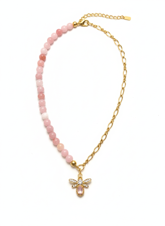 Half Pink Agate & Half Gold Chain Necklace with Pink Bee Pendant