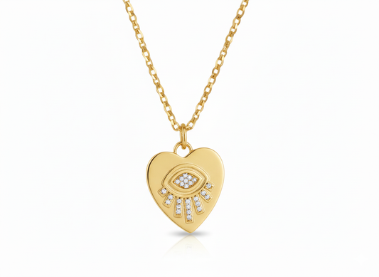 Heart Evil Eye Pendant Necklace – 18K Gold Plated