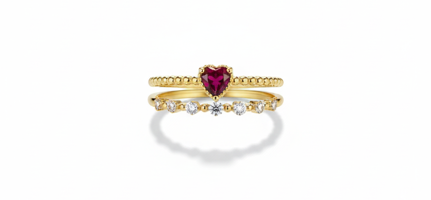Pink Heart Ring with Zircon Stones – 18K Gold-Plated Adjustable