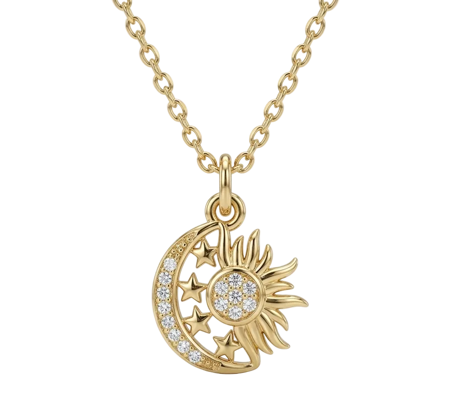 Moon, Stars & Sun Necklace with Zirconia Necklace- Gold plated 18k