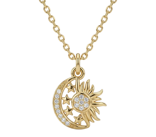 Moon, Stars & Sun Necklace with Zirconia Necklace- Gold plated 18k