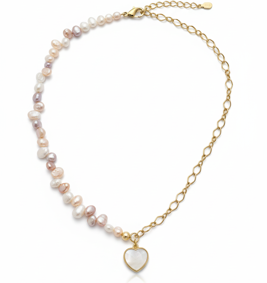 Irregular Pink & White Freshwater Pearl Necklace with Half Chain Heart Pendant-Gold plated 18k