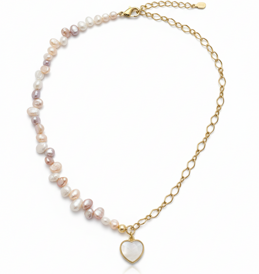 Irregular Pink & White Freshwater Pearl Necklace with Half Chain Heart Pendant-Gold plated 18k