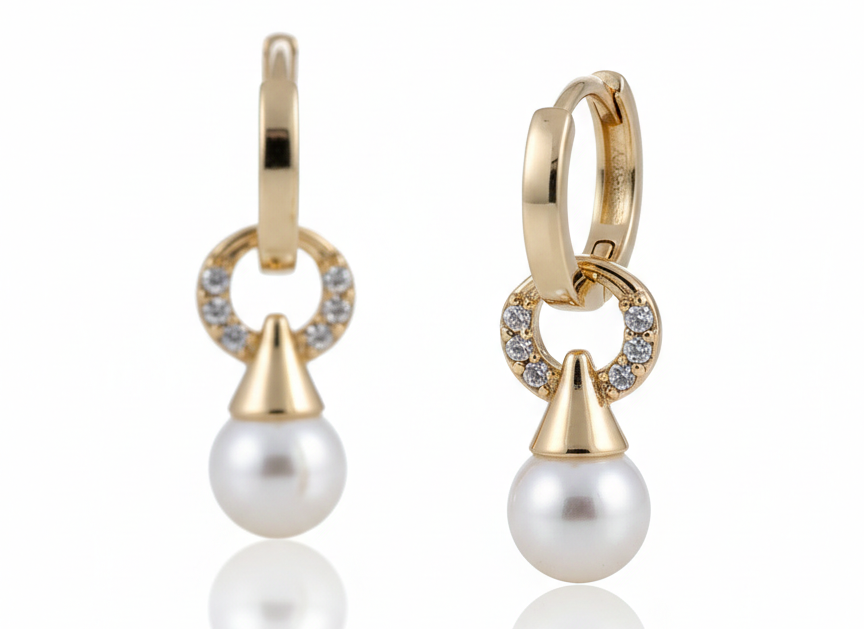 Elegant Pearl & White Zirconia Huggie Earrings – 18K Gold Plated