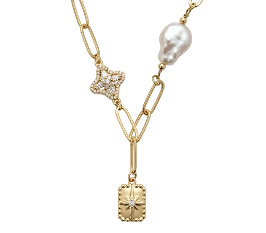 Pearl  & Star Necklace with Zircons | 18K Gold Plated