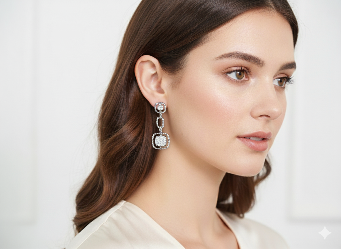 Long Square Earrings with Zirconia - Sterling Silver 925