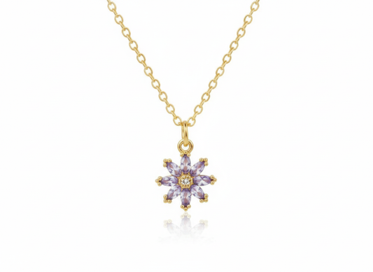 Purple Zircon Flower Necklace – 18K Gold Plated