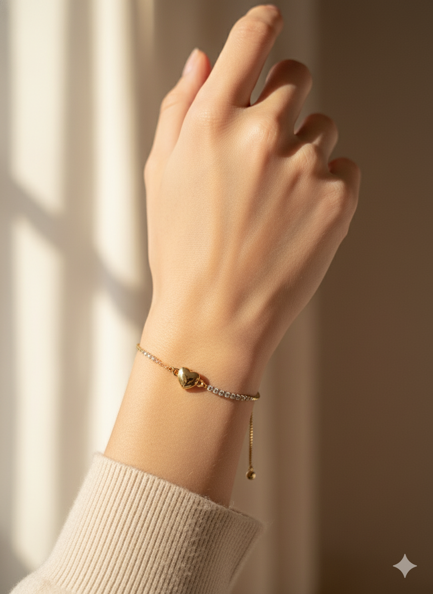 Adjustable Bracelet with Heart and Zirconias -gold plated 18k