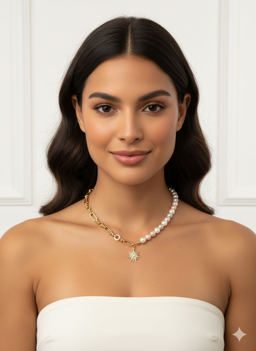 Pink Freshwater Pearl & Chain Necklace –  with Dangling Star Pendant