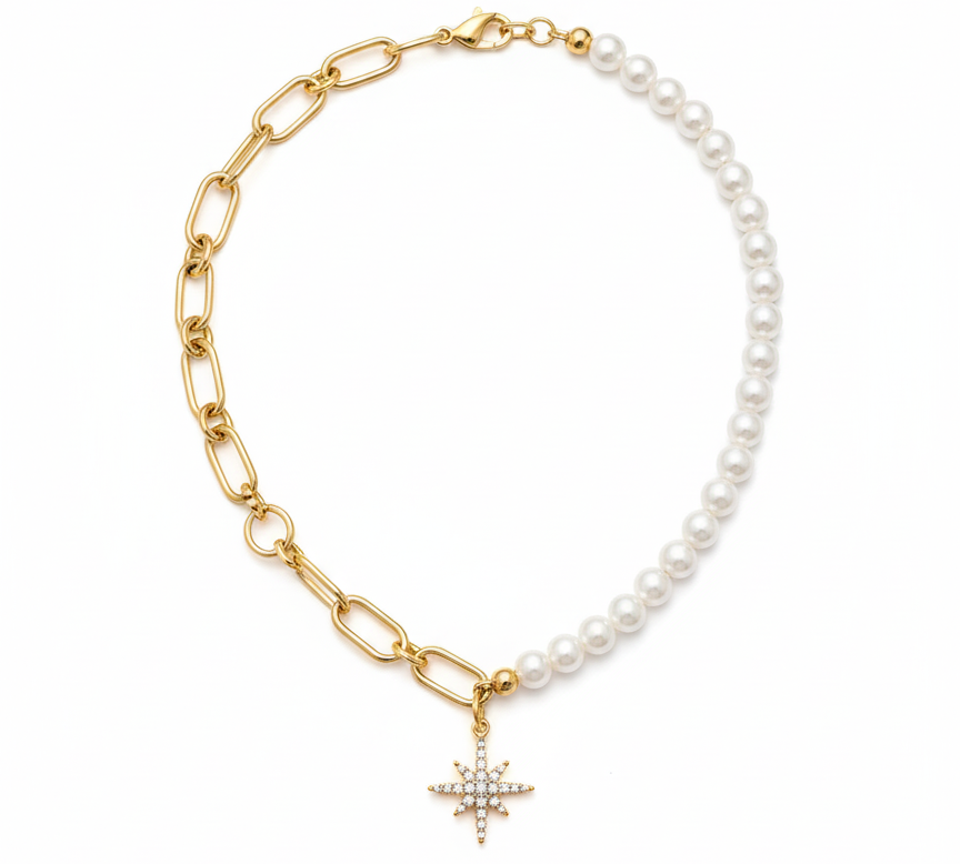 Half Chain Necklace with White Freshwater Pearl & Star Pendant – 18K Gold Plated