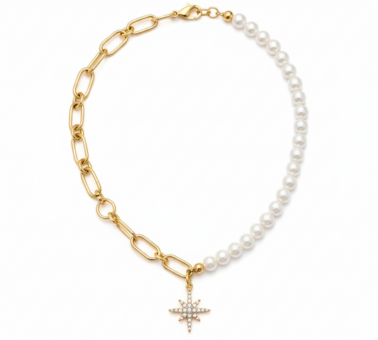 Half Chain Necklace with White Freshwater Pearl & Star Pendant – 18K Gold Plated