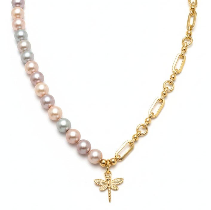 Fresh Water Pearl Necklace with Half Chain & Dragonfly Pendant-18K Gold Plated