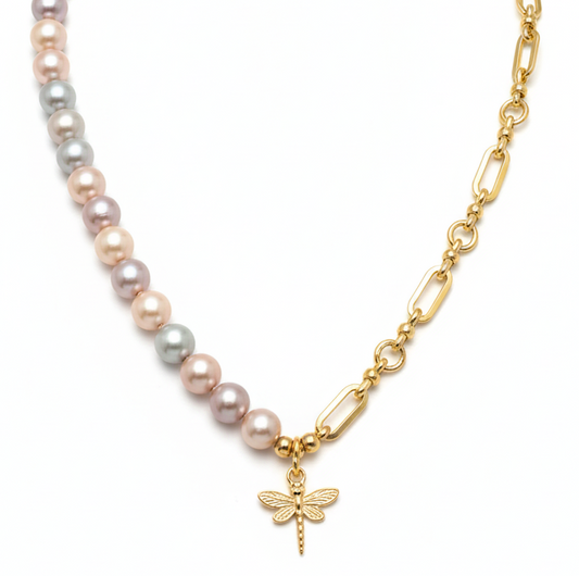 Fresh Water Pearl Necklace with Half Chain & Dragonfly Pendant-18K Gold Plated